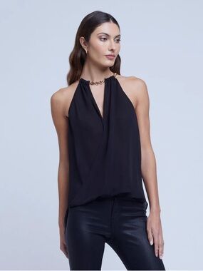 L’Agence Lina Chain Draped Silk Halter Top